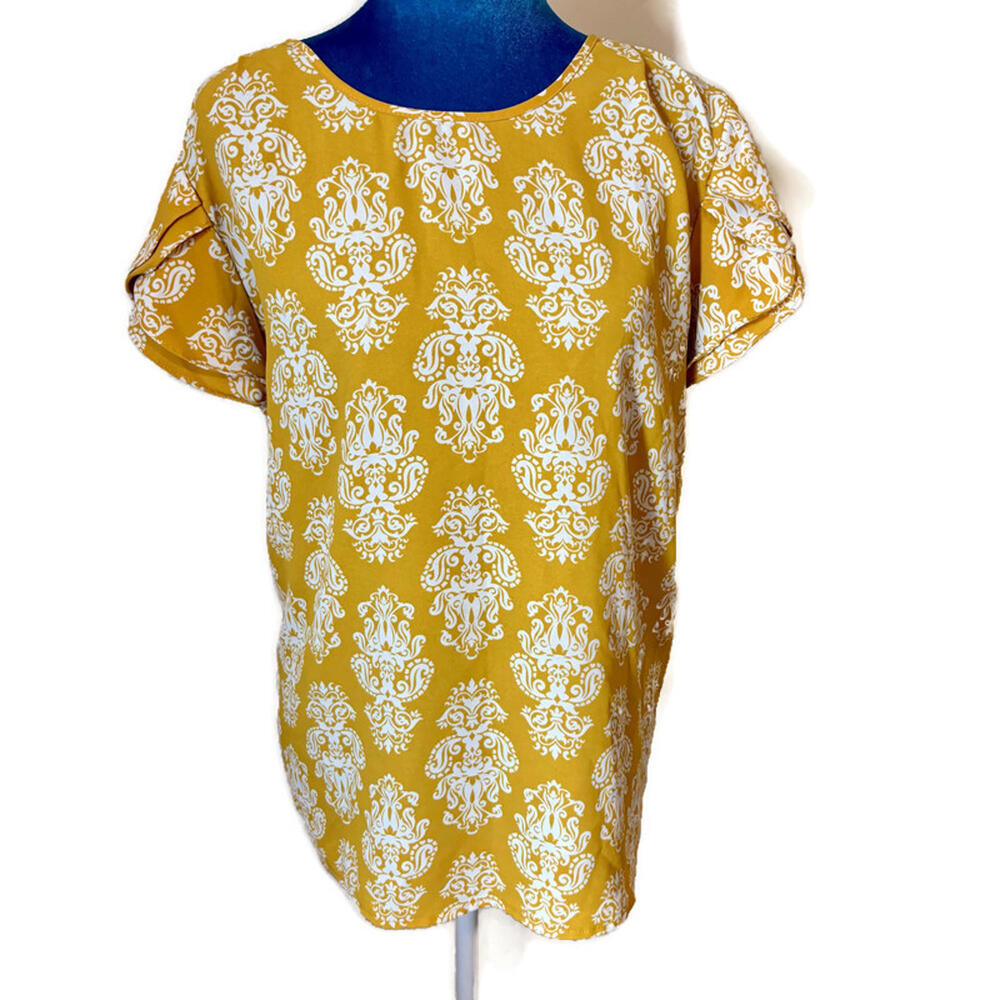 41 Hawthorne Yellow Gold Print Blouse Top Ruffle Sleeve M